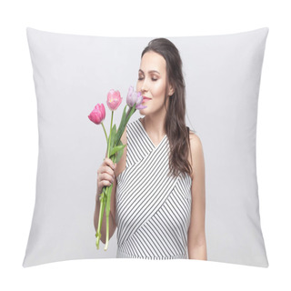 Personality  Portrait Of Young Brunette Beautiful Woman With Makeup In White Striped Dress Holding Tulips And Smelling With Closed Eyes On Grey Background.  Pillow Covers