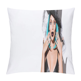 Personality  Panoramic Shot Of Shocked Girl In Black Witch Halloween Costume With Blue Hair On White Background Pillow Covers