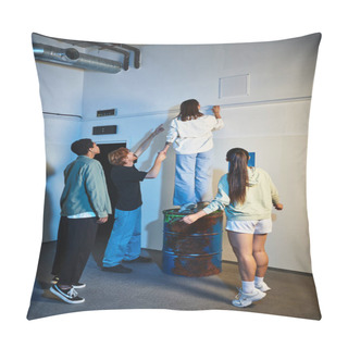 Personality  Multicultural Men Pointing Up With Fingers While Showing Clue To Female Friend Standing On Barrel Pillow Covers