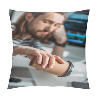 Personality  Selective Focus Of Dissatisfied Bearded Editor Holding Empty Paper Cup  Pillow Covers