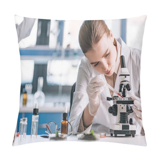 Personality  Selective Focus Of Attractive Immunologist In Latex Gloves Adding Sample Under Glass Of Microscope  Pillow Covers