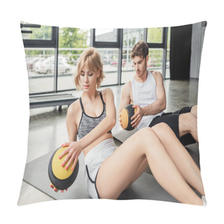 Personality  Selective Focus Of Attractive Sportswoman Exercising With Ball On Fitness Mat Near Sportive Man  Pillow Covers