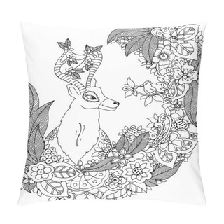 Personality  Vector Illustration Zen Tangle Deer In A Flower Frame. Doodle Drawing. Coloring Book Anti Stress For Adults. Black White. Pillow Covers