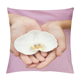 Personality  Woman Hands Holding An Orchid Flower Pillow Covers