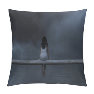 Personality  Woman Sitting On Wooden Fence In The Dark,3d Rendering Pillow Covers