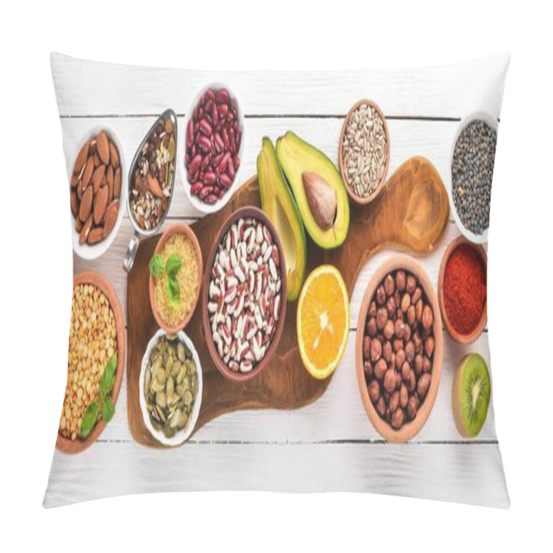 Personality  Superfoods Healthy Food. Nuts, Berries, Fruits, And Legumes. On A White Wooden Background. Top View. Free Copy Space. Pillow Covers