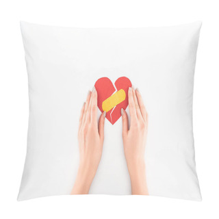 Personality  Cropped Shot Of Woman Holding Broken Red Heart With Medical Patch Symbol Isolated On White, St Valentine Day Concept Pillow Covers
