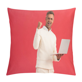 Personality  Excited Man In Glasses Holding Laptop Isolated On Red  Pillow Covers