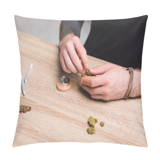 Personality  Cropped View Of Man Putting Medical Marijuana In Marijuana Crusher On Table  Pillow Covers