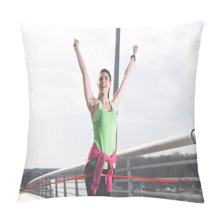 Personality  Attractive Cheerful Sporty Young Woman Reached Finish Line Of Race Pillow Covers