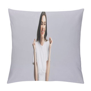 Personality  Excited Beautiful Girl In White T-shirt Showing Yes Gesture Isolated On Grey, Panoramic Shot Pillow Covers