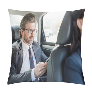 Personality  Selective Focus Of Handsome Diplomat In Glasses Sitting With Woman In Car Pillow Covers
