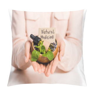 Personality  Cropped Image Of Woman Holding Bowl With Essential Oil And Natural Medicine Sign Isolated On White Pillow Covers