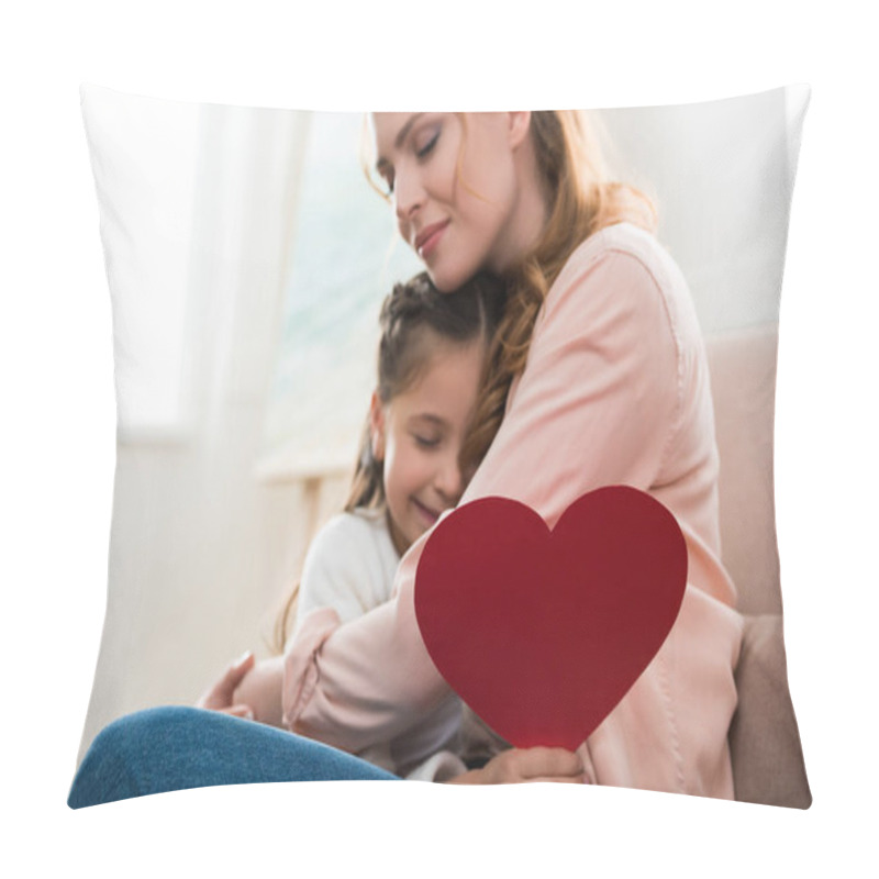Personality  happy mother and daughter with red heart symbol hugging at home pillow covers