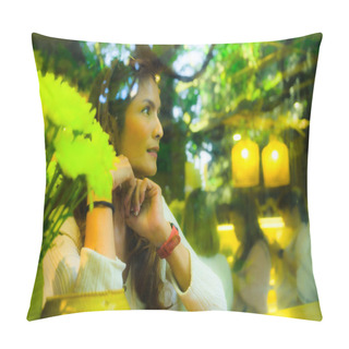 Personality  Asian Woman Looking Through Glass With Comfortable Atmosphere At A Coffee Shop In Chiang Mai Province, Thailand. Pillow Covers