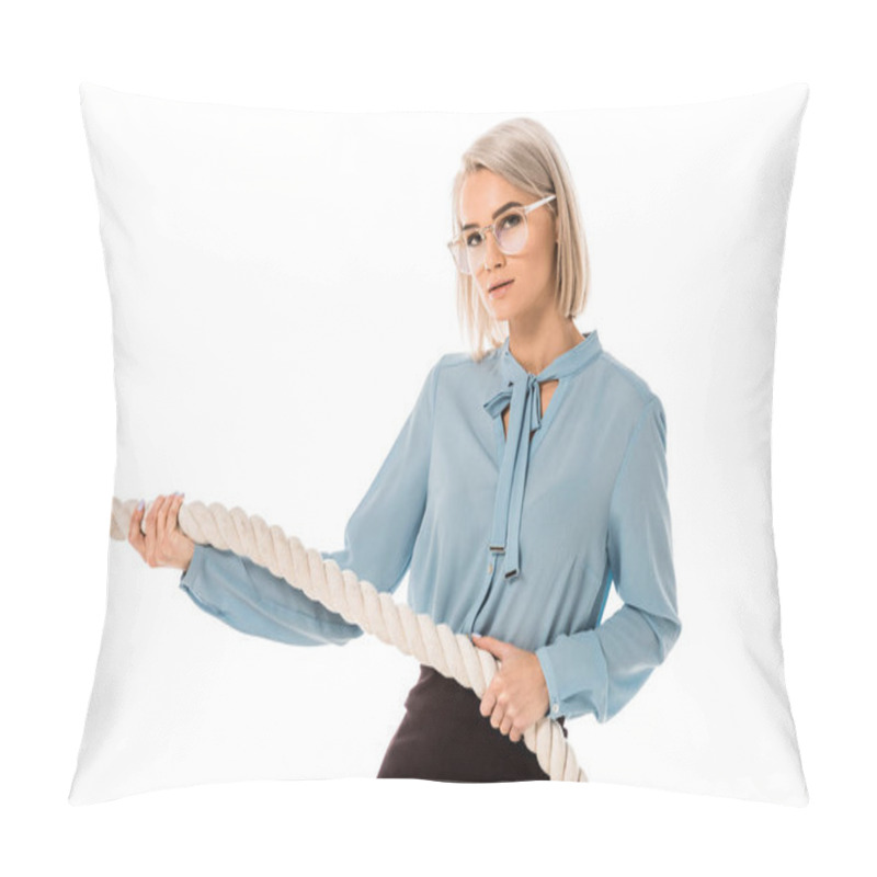 Personality  Beautiful Blonde Businesswoman In Glasses Pulling Rope Isolated On White Pillow Covers