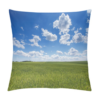Personality  Wheat Field. Green Grass And Blue Sky With Clouds Pillow Covers