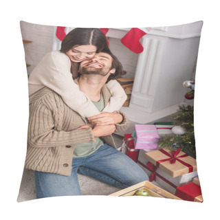 Personality  Cheerful Woman Embracing Husband Sitting On Floor Near Presents And Christmas Tree Pillow Covers