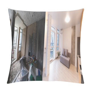 Personality  Empty Rooms With Large Window, Heating Radiators Before And After Restoration. Comparison Of Old Apartment And New Renovated Place. Concept Of Home Refurbishment. Pillow Covers