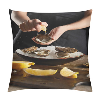 Personality  Selective Focus Of Woman Squeezing Lemon On Oyster Isolated On Black  Pillow Covers