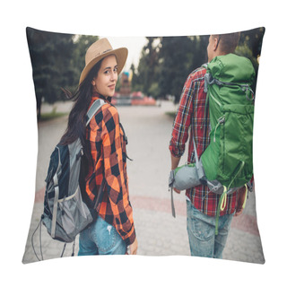 Personality  Hikers With Backpacks Traveling In Tourist Town. Summer Hiking. Hike Adventure Of Young Man And Woman Pillow Covers