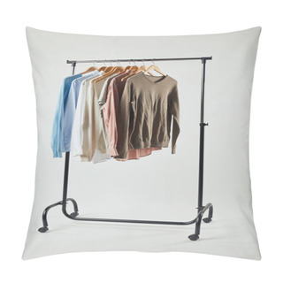 Personality  Straight Rack, Wooden Hangers And Male Clothes Isolated On Grey Pillow Covers