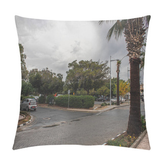 Personality  PAPHOS, CYPRUS - MARCH 31, 2020: Green Bushes And Trees On Street With Cars  Pillow Covers