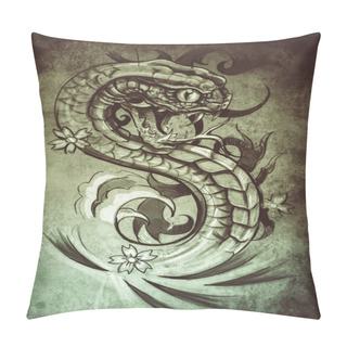 Personality  Tattoo Snake Illustration, Handmade Draw Over Vintage Paper Pillow Covers