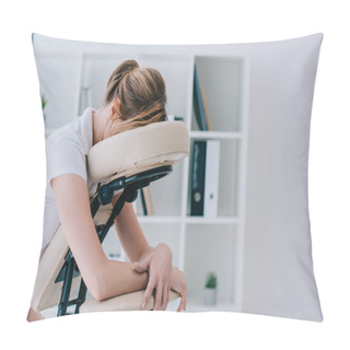 Personality  Close-up Portrait Of Woman Sitting On Massage Chair At Office Pillow Covers