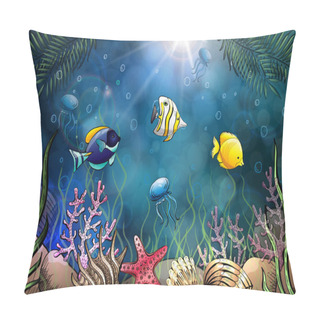 Personality  Composition Of Seashells, Starfish, Jellyfish. Underwater World. Sea Background. Vector Illustration. Pillow Covers