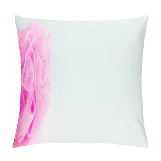 Personality  Top View Of Pink Shower Puff On Grey Background With Copy Space, Banner Pillow Covers