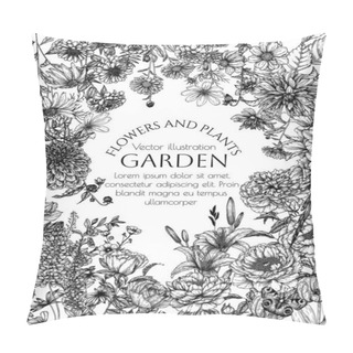 Personality   Vector Frame Garden In Engraving Style. Rose, Lily, Lupine, Bluebells, Tulip, Peony, Periwinkle, Buttercups, Butterflies, Dahlia, Cosmos, Zinnia, Marigold, Calendula, Rudbeckia, Gladiolus Pillow Covers