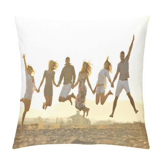 Personality  Happy Young Group Have Fun On Beach Pillow Covers