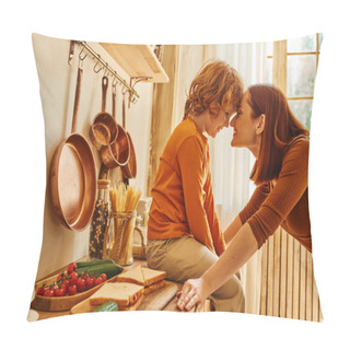 Personality  Cheerful Boy On Kitchen Counter Near Sandwiches And Fresh Vegetables Face To Face With Happy Mother Pillow Covers