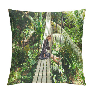 Personality  Smiling Attractive Woman Sitting On Wooden Footbridge In Jungle Pillow Covers