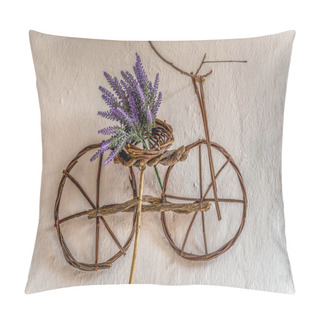 Personality  Purple Wildflower On Small Bicycle Ornament Handmade Using Thin Tree Branches Hanging On An Old Wall Pillow Covers