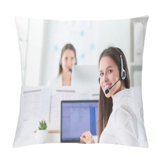Personality  Smiling Businesswoman Or Helpline Operator With Headset And Computer At Office Pillow Covers