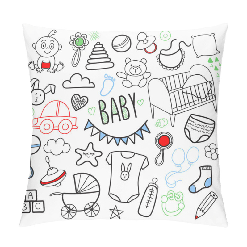 Personality  Newborn Baby Hand Drawn Doodle with Toys, Boy and Sketchy Elements. Baby Shower Patches. Vector illustration pillow covers