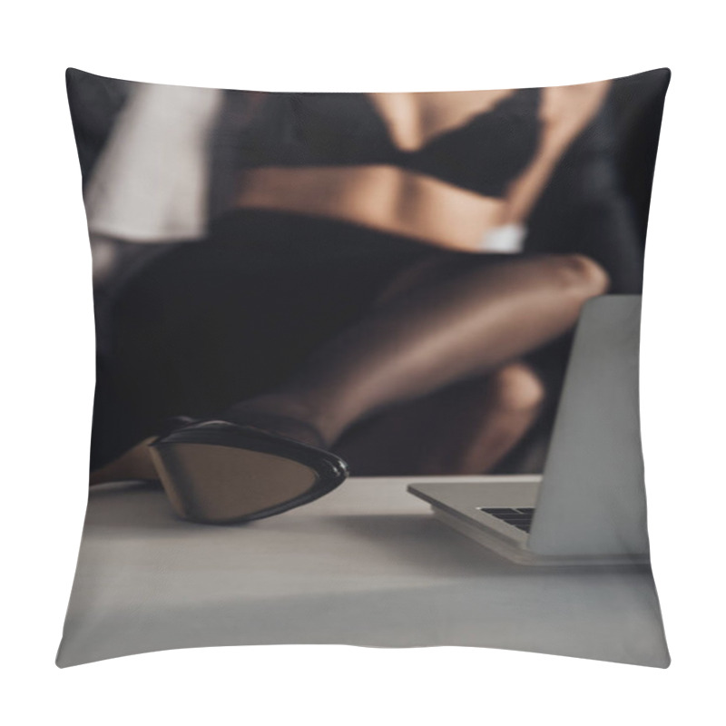 Personality  Cropped View Of Attractive Girl In Stockings And High Heeled Shoe Posing In Front Of Web Camera Pillow Covers