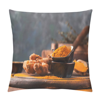 Personality  Turmeric Powder And Fresh Turmeric On Wooden Background Pillow Covers
