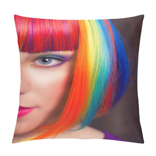 Personality  Woman Wearing Colorful Wig Pillow Covers