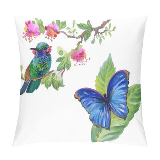 Personality  Watercolor Colorful Bird And Butterfly With Leaves And Flowers. Pillow Covers
