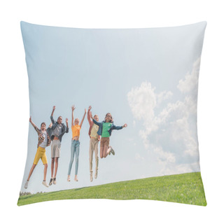Personality  Happy Multicultural Kids Jumping And Gesturing Against Blue Sky  Pillow Covers