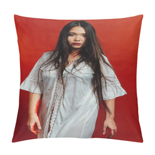 Personality  Close-up Portrait Of A Young, Beautiful Asian Girl On Halloween. Woman Covering Her Face Bloody Hand. Pillow Covers