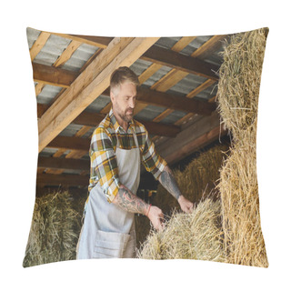 Personality  Attractive Dedicated Man With Beard And Tattoos Working With Bales Of Hay While On His Farm Pillow Covers