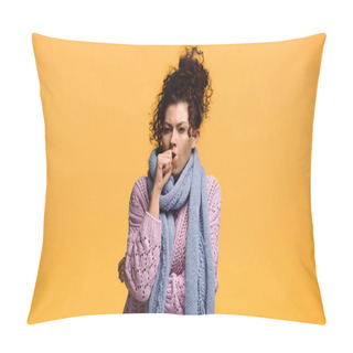Personality  Sick Woman In Knitted Sweater And Scarf Coughing Isolated On Orange Pillow Covers