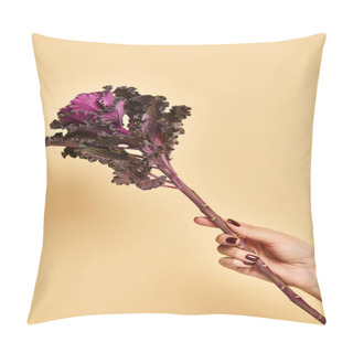 Personality  Object Photo Of Kale Leaf In Hand Of Young Unknown Female With Nail Polish On Pastel Yellow Backdrop Pillow Covers