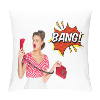 Personality  Portrait Of Pin Up Woman Talking On Old Telephone With Comic Style Bang Sign Isolated On White Pillow Covers
