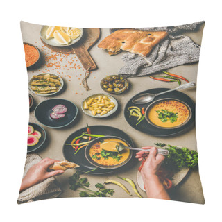 Personality  Turkish Traditional Lentil Soup Mercimek And Man Eating From Spoon Pillow Covers