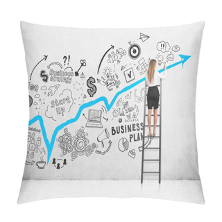 Personality  Rear View Of A Blond Woman Drawing A Sketch And A Blue Graph On A Concrete Wall While Standing On A Ladder. Pillow Covers